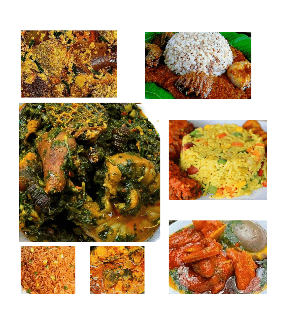 A collage of various vibrant Nigerian dishes, featuring assorted stews, rice, and vegetables.