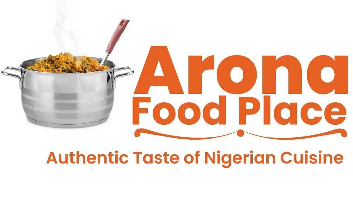 Pot of steaming Nigerian jollof next to "Arona Food Place" logo, with tagline "Authentic Taste of Nigerian Cuisine".